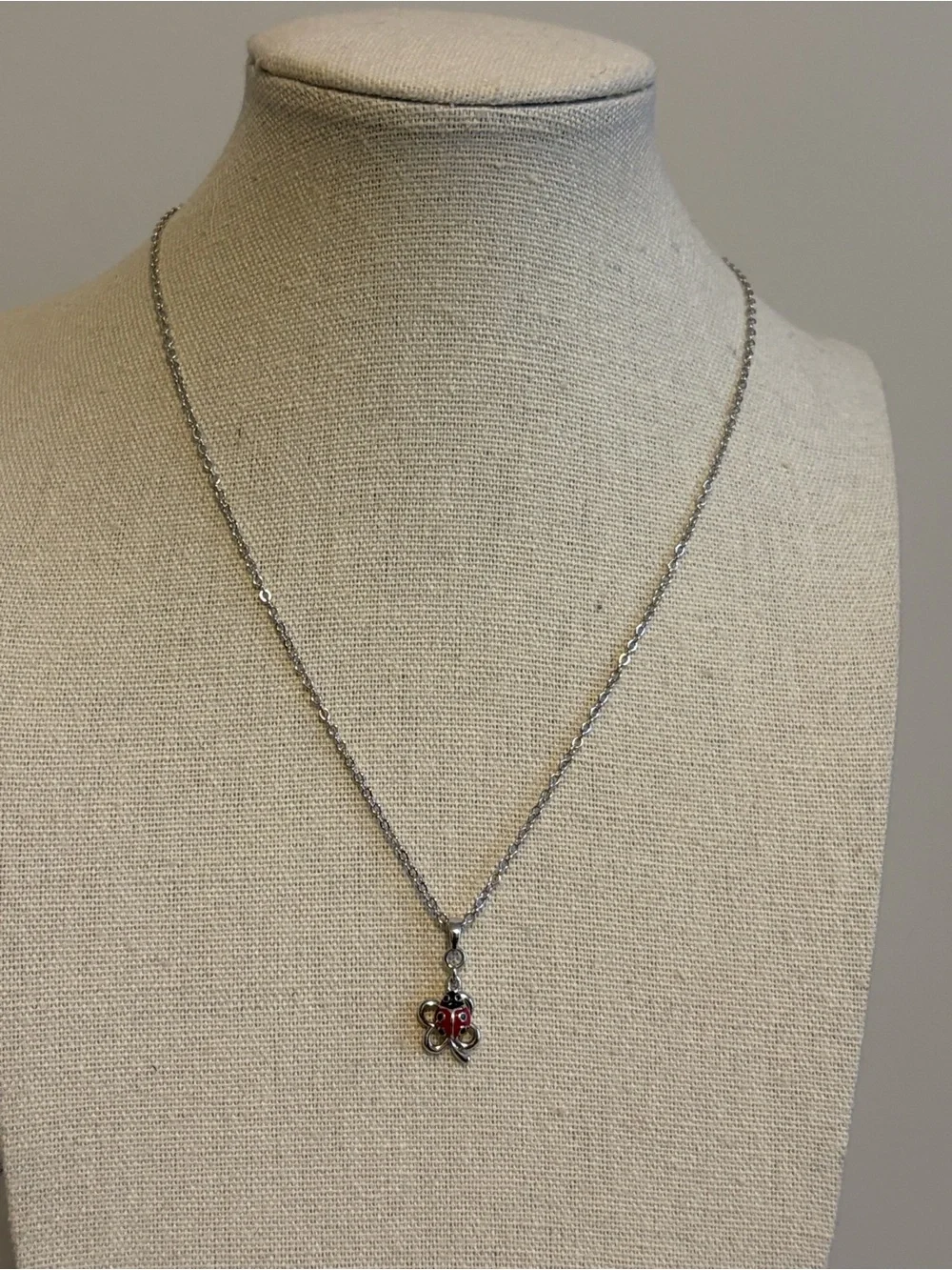 Premier Designs Ladybug & Four Leaf Clover Charm Necklace Silver Tone 16”